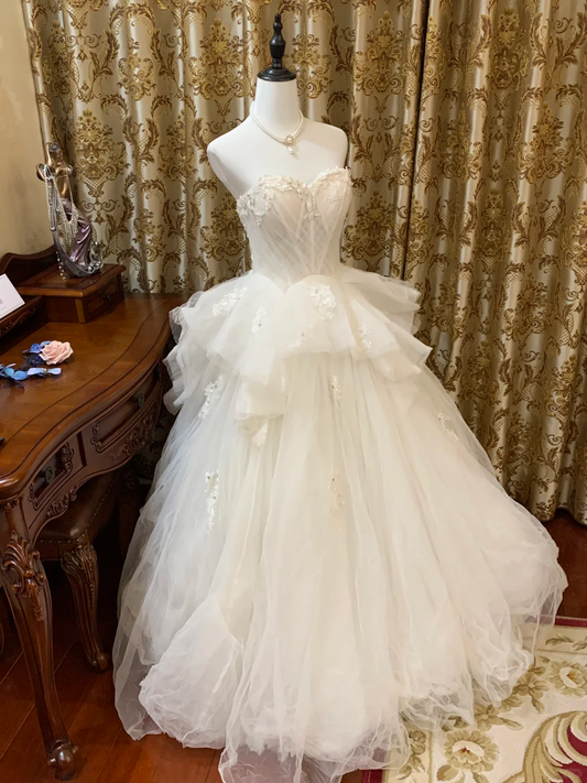 Princess Ball Gown Sweetheart Tulle Applique Without Sleeves Long Prom Dress,Evening Dress GG5533