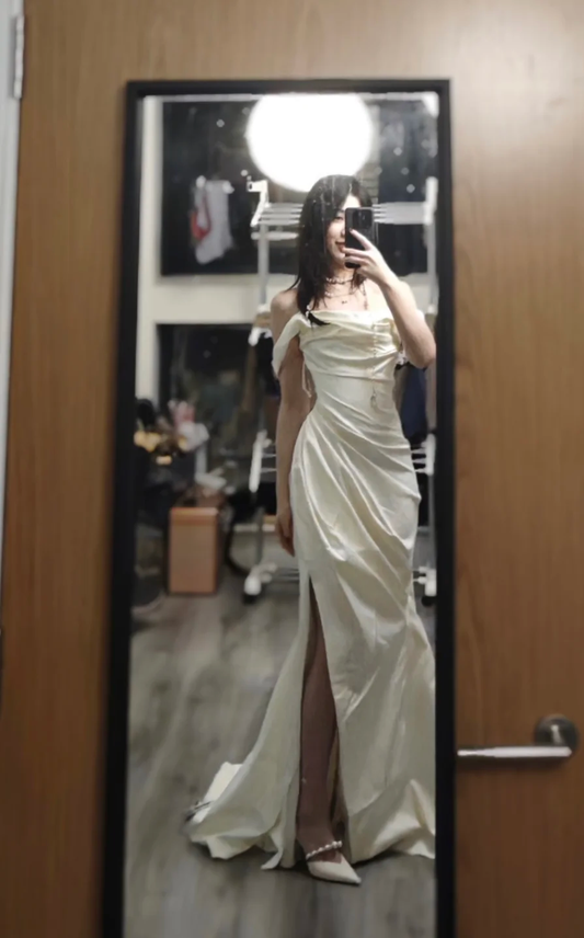 Elegant Mermaid Off The Shoulder Pleated Satin Slit Without Sleeves Long Prom Dress,Evening Dress GG5553