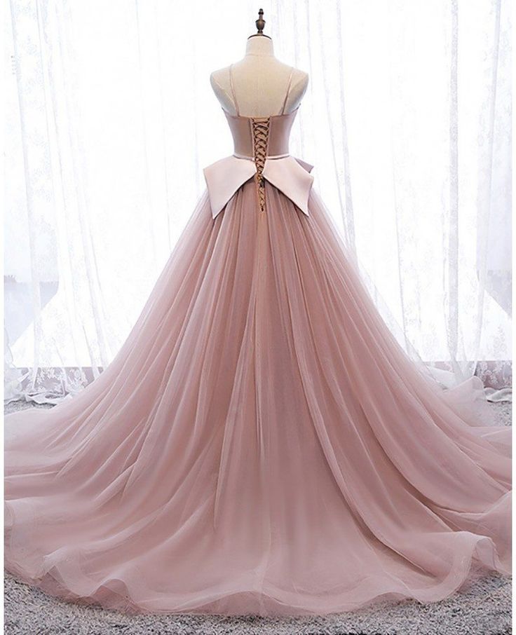 Exquisite A Line Spaghetti Straps Nude Pink Tulle Bow Long Prom Dress,Evening Dress GG556