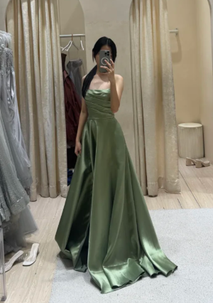 Simple Strapless A Line Pleated Satin Without Sleeves Long Prom Dress,Evening Dress GG5579