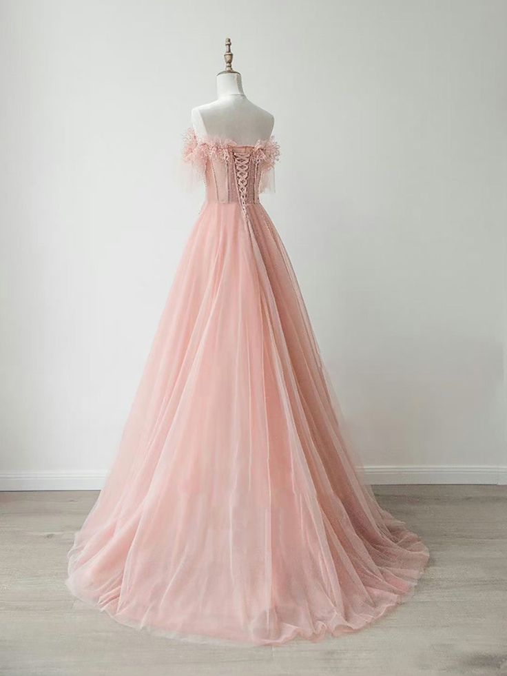 Graceful A Line Off The Shoulder Sweetheart Peach Lace Beaded Tulle Long Prom Dress,Evening Dress GG558