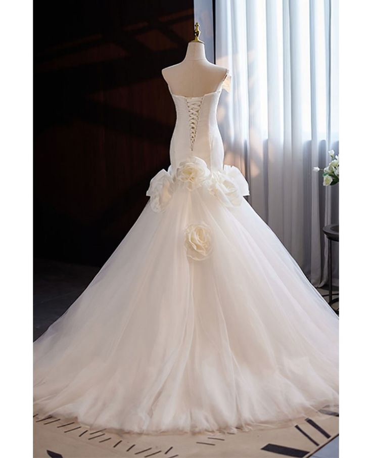 Elegant Mermaid Strapless Satin Floral Hem Tulle Long Prom Dress,Wedding Dress,Evening Dress GG581