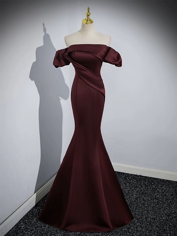 Simple Mermaid Off The Shoulder Rust Red Pleats Satin Long Prom Dress,Evening Dress GG601