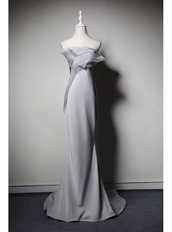 Elegant Mermaid Strapless Gray Satin Long Prom Dress,Evening Dress GG617