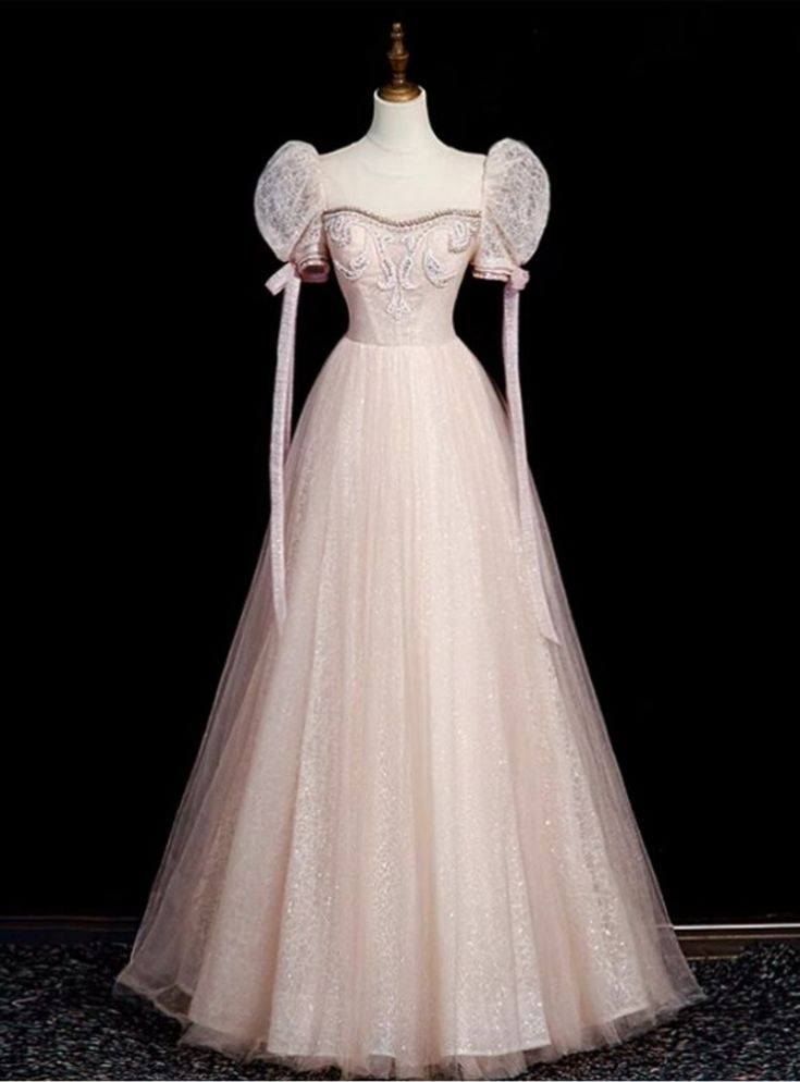 Fairy A Line Sweetheart Pink Tulle Beading Short Bubble Sleeve Long Prom Dress,Evening Dress GG628