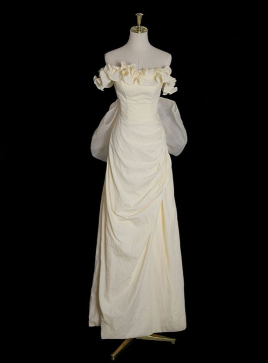 Elegant A Line Off The Shoulder Pastel Yellow Satin Bow Long Prom Dress,Evening Dress GG662