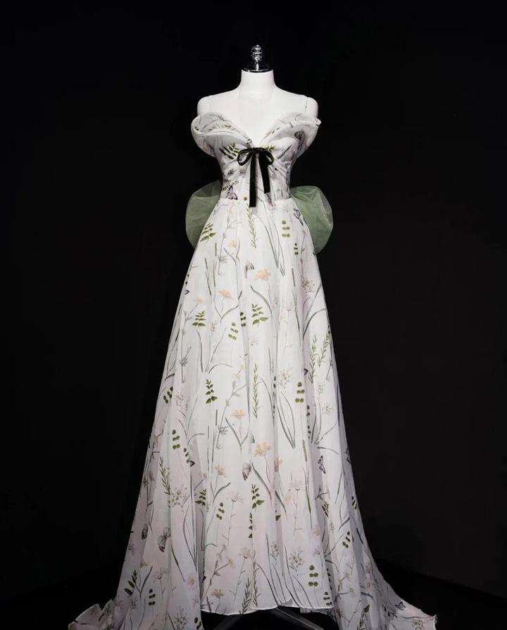 Graceful A Line Sweetheart White Chiffon Printing Bow Long Prom Dress,Evening Dress GG667