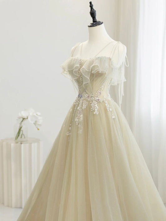 Cute A Line Spaghetti Straps Tulle Sequin Long Prom Dress,Evening Dress GG680