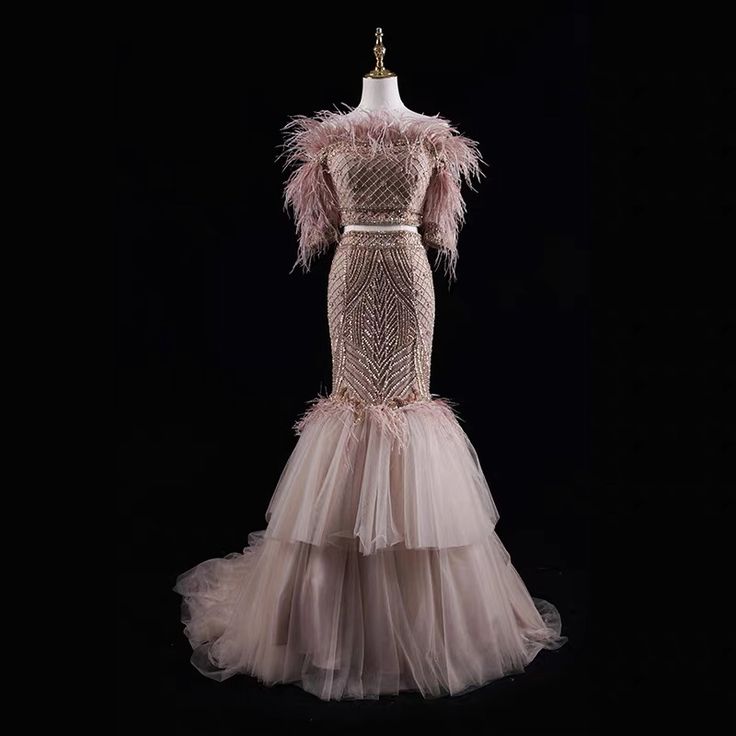 Gorgeous Mermaid Off The Shoulder Beaded Hem Tulle Frather Long Prom Dress,Evening Dress GG683