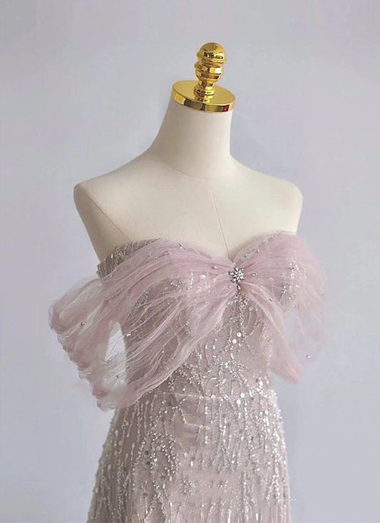 Exquisite A Line Off The Shoulder Tulle Beaded Pink Sequin Long Prom Dress,Evening Dress GG689