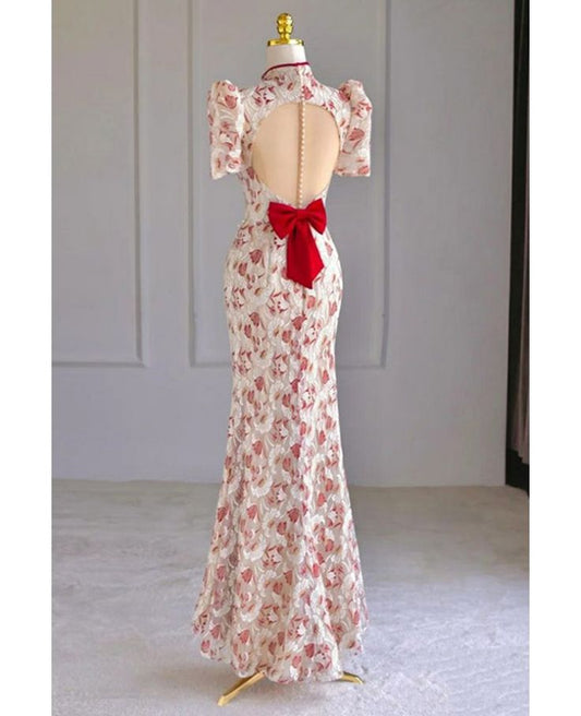 Delicate Mermaid Chinese Neck Applique Short Sleeve Satin Silt Long Prom Dress,Evening Dress GG690