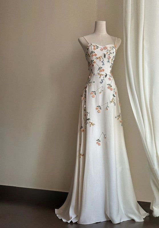 Elegant A Line Spaghetti Straps White Satin Applique Long Prom Dress,Evening Dress GG723