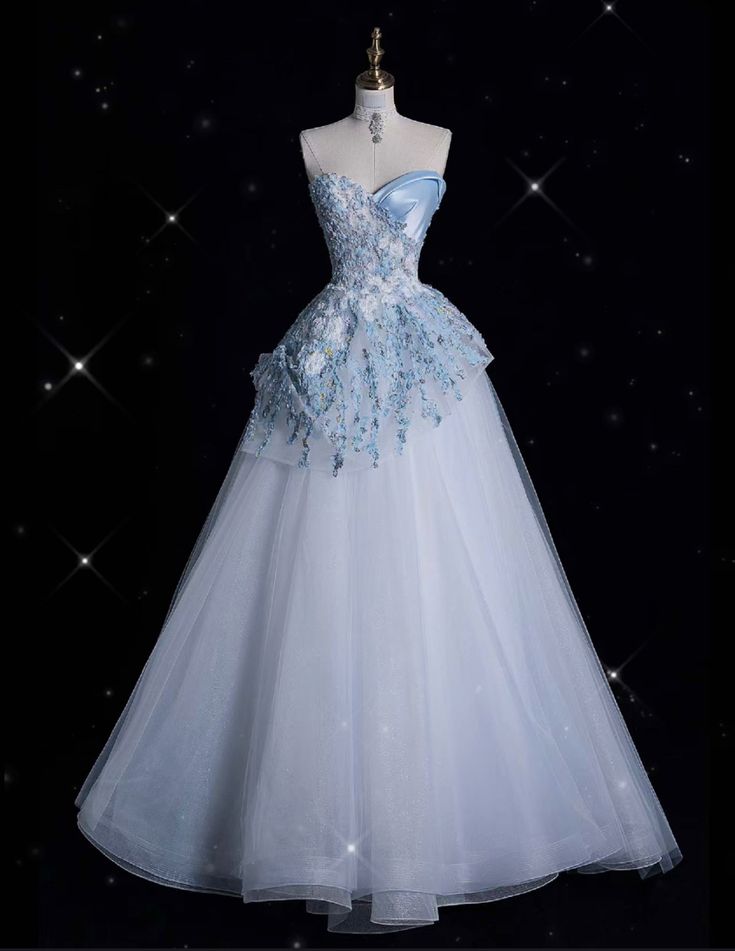 Delicate A Line Strapless Pale Blue Tulle Applique Long Prom Dress,Evening Dress GG727