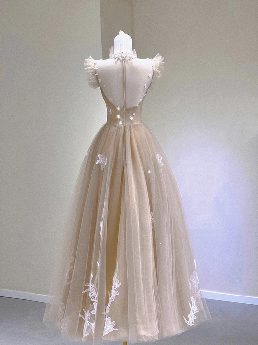Charming A Line Sweetheart Champagne Tulle Lace Tea Length Prom Dress,Evening Dress GG730