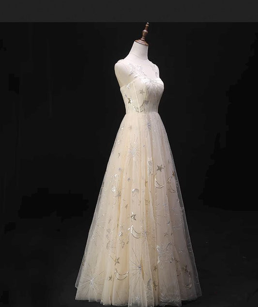 Fashion A Line Sheer Crew Neck Light Champagne Tulle Printing Long Prom Dress,Evening Dress GG731