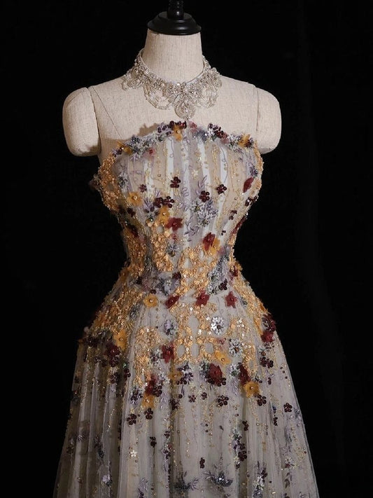 Graceful A Line Strapless Tulle Sequin Applique Long Prom Dress,Evening Dress GG737