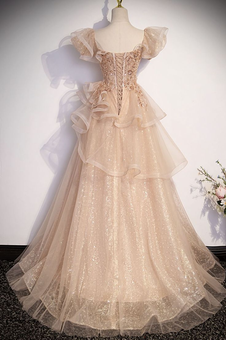 Cute A Line Sweetheart Tulle Beaded Short Puff Sleeve Long Prom Dress,Evening Dress GG758