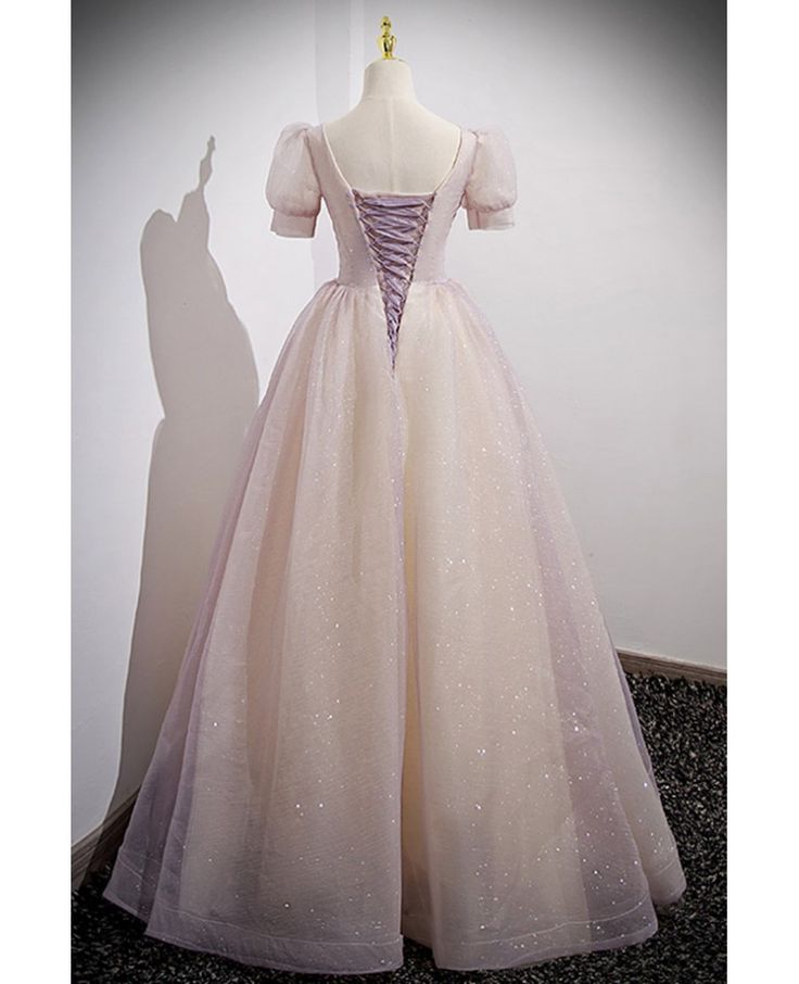 Modest A Line Sequin Tulle Applique Short Puff Sleeve Long Prom Dress,Evening Dress GG759