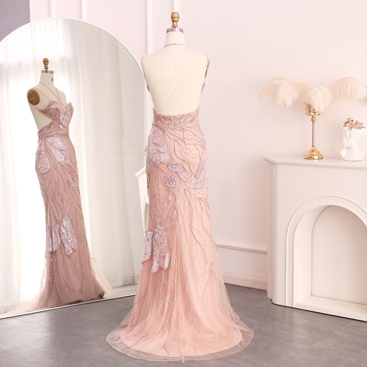 Exquisite A Line Spaghetti Straps Halter Soft Pink Tulle Sequin Beaded Long Prom Dress,Evening Dress GG801