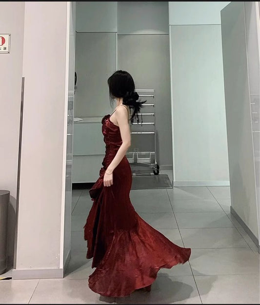 Chic A Line Spaghetti Straps High Low Burgundy Chiffon Long Prom Dress,Evening Dress GG802