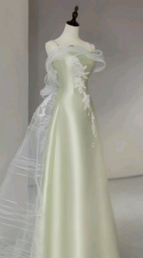 Elegant A Line Spaghetti Straps Satin Applique Long Prom Dress,Evening Dress GG814