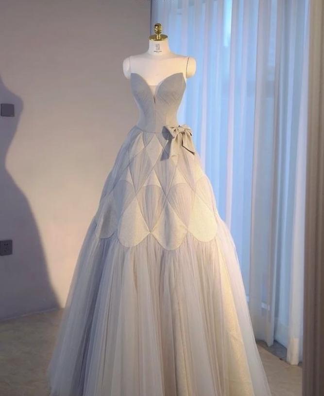 Elegant A Line Sweetheart Gray Tulle Bow Long Prom Dress,Evening Dress GG823