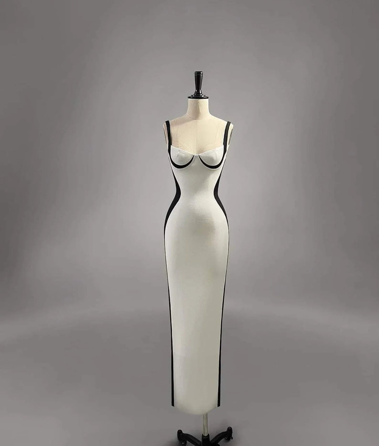 Chic Mermaid Spaghetti Straps White With Black Satin Long Prom Dress,Evening Dress GG828