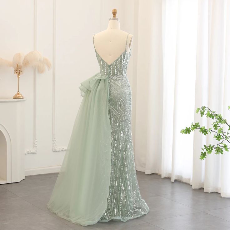 Glam Mermaid Spaghetti Straps Sage Green Overskirt Side Slit Long Prom Dress,Evening Dress GG835