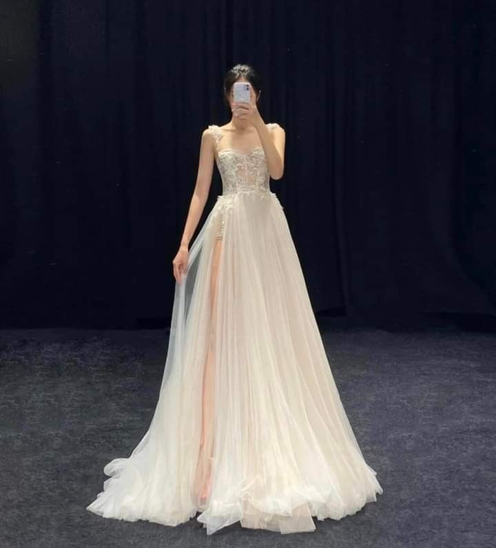 Elegant A Line Lace Straps Light Ivory Tulle Slit Applique Long Prom Dress,Evening Dress GG848