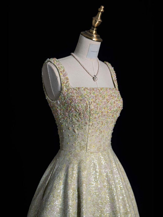 Shiny A Line Square Sequin Satin Long Prom Dress,Evening Dress GG849