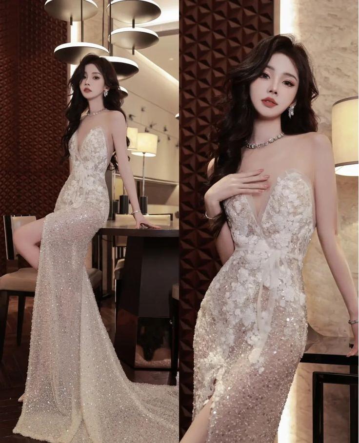 Sexy Mermaid Strapless Sweetheart Sequin Applique Tulle Slit Sweep Long Prom Dress,Evening Dress GG862