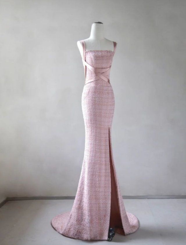 Graceful Mermaid Square Pink Satin Slit Long Prom Dress,Evening Dress GG868