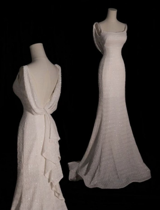 Glitter Mermaid Spaghetti Straps Square Sequin Backless Long Prom Dress,Evening Dress GG870