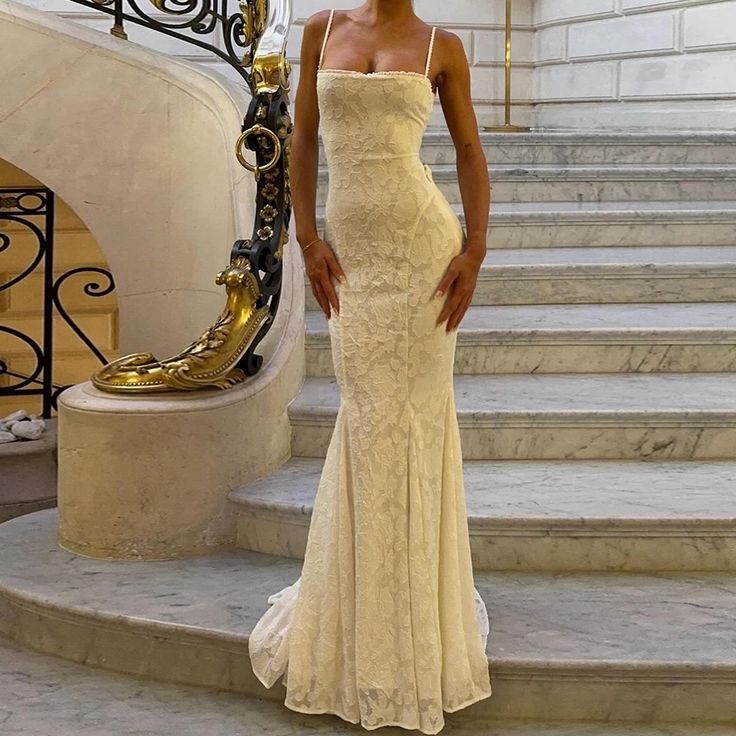 Sexy Mermaid Spaghetti Straps Pastel Yellow Lace Long Prom Dress,Evening Dress GG882