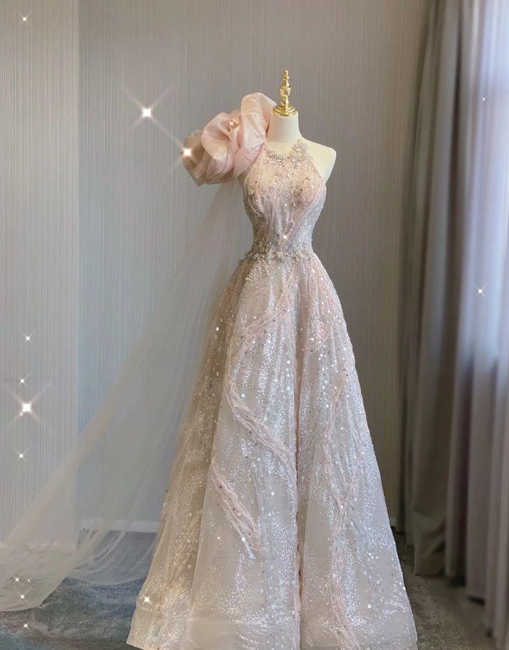 Glitter A Line Halter Pink Tulle Flower Sequin Beaded Long Prom Dress,Evening Dress GG884