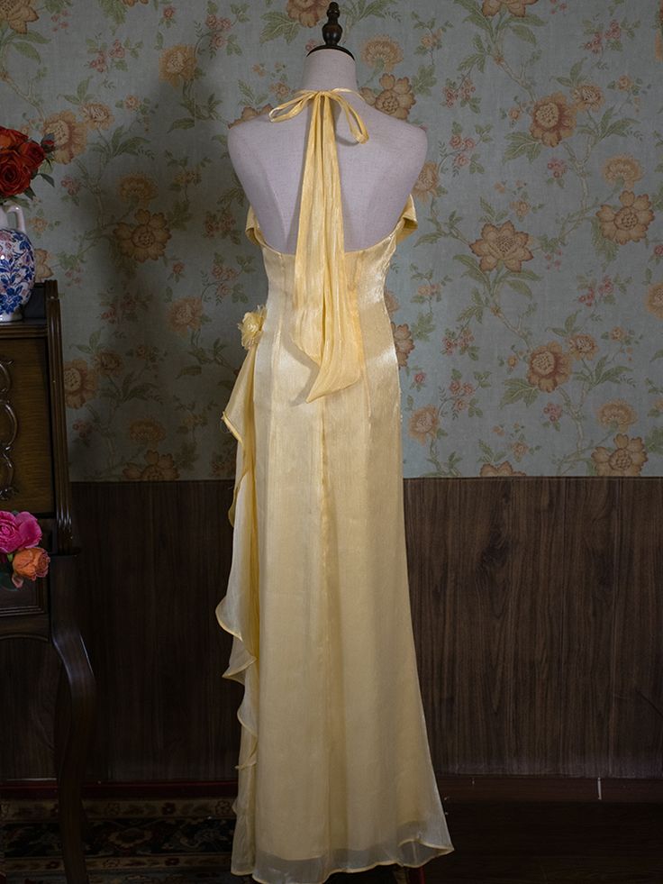Graceful Mermaid Halter Yellow Chifffon Flower Long Prom Dress,Evening Dress GG879