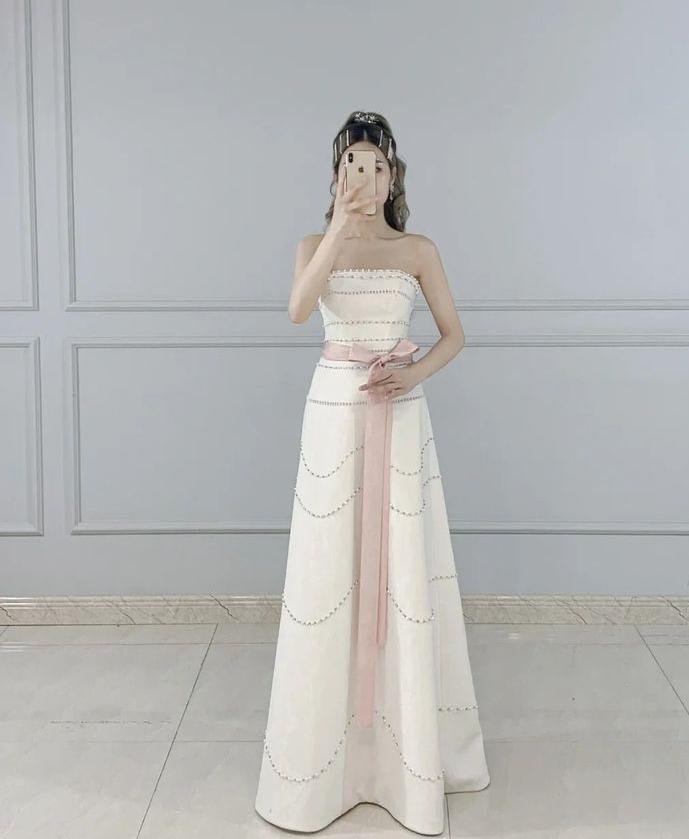 Simple A Line Strapless Light Ivory Satin Beaded With Pink Belt Long Prom Dress,Evening Dress GG895