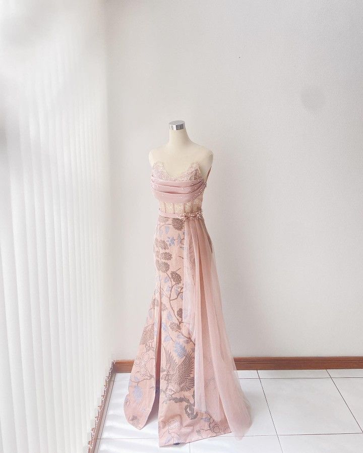 Glam Mermaid Strapless Pink Satin Slit Sequin Printed Long Prom Dress,Evening Dress GG899