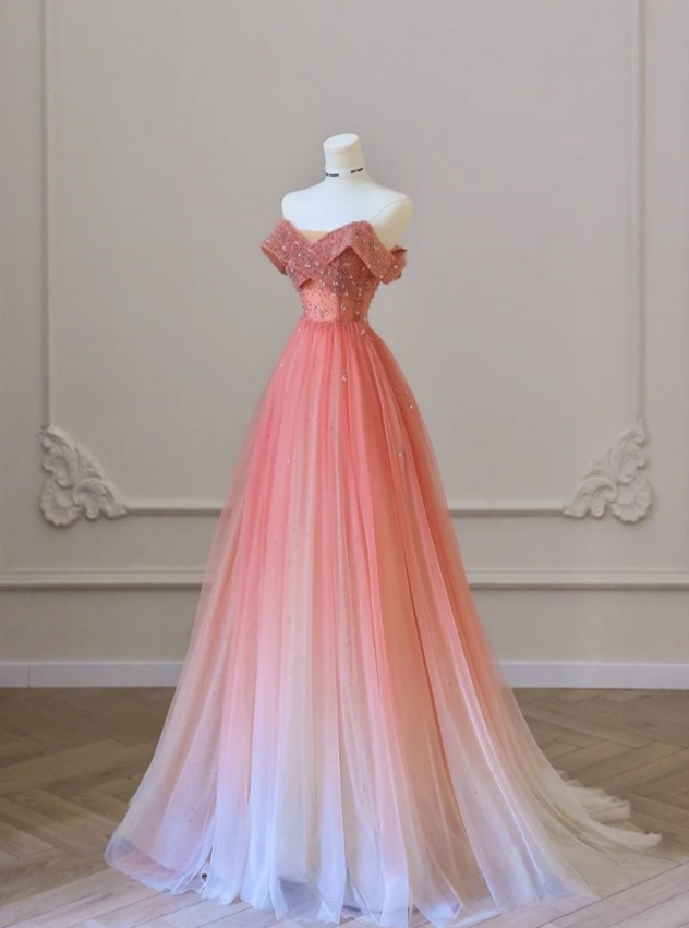 Gradient A Line Sweetheart Tulle Sequin Beaded Long Prom Dress,Evening Dress GG923