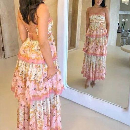 Fairy A Line Spaghetti Straps Layered Floral Satin Long Prom Dress,Evening Dress GG927