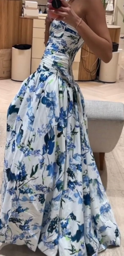 Delicate A Line Strapless Floral Chiffon Long Prom Dress,Evening Dress GG928