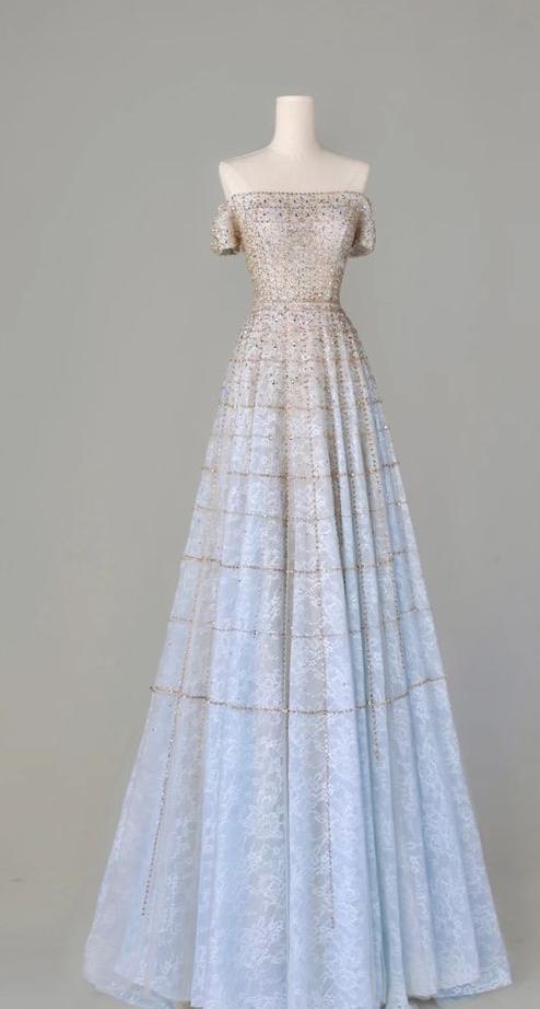 Glitter A Line Off The Shoulder Satin Beaded Long Prom Dress,Evening Dress GG941