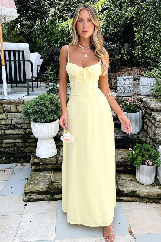 Elegant A Line Pastel Yellow Satin Spaghetti Straps Long Prom Dress,Evening Dress GG965