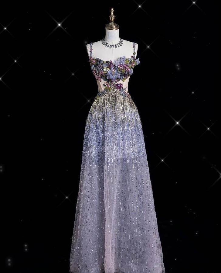 Delicate A Line Spaghetti Straps Tulle Sequin Floral Long Prom Dress,Evening Dress GG981