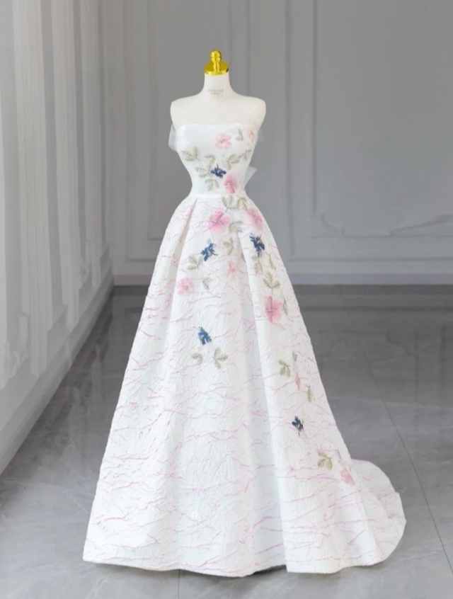 Cute A Line Strapless White Satin Applique Long Prom Dress,Evening Dress GG986