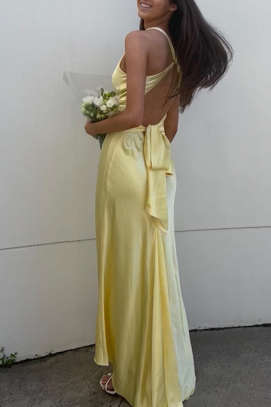 V Neck Yellow Satin Bow Back Party Dress Gala Dresses Elegant