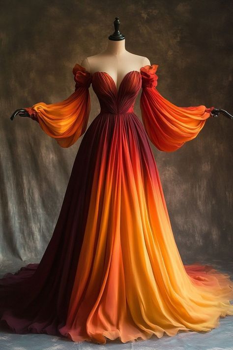 Unique A Line Long Sleeve Orange Ombre Chiffon Prom Dress Evening Dress SH2363