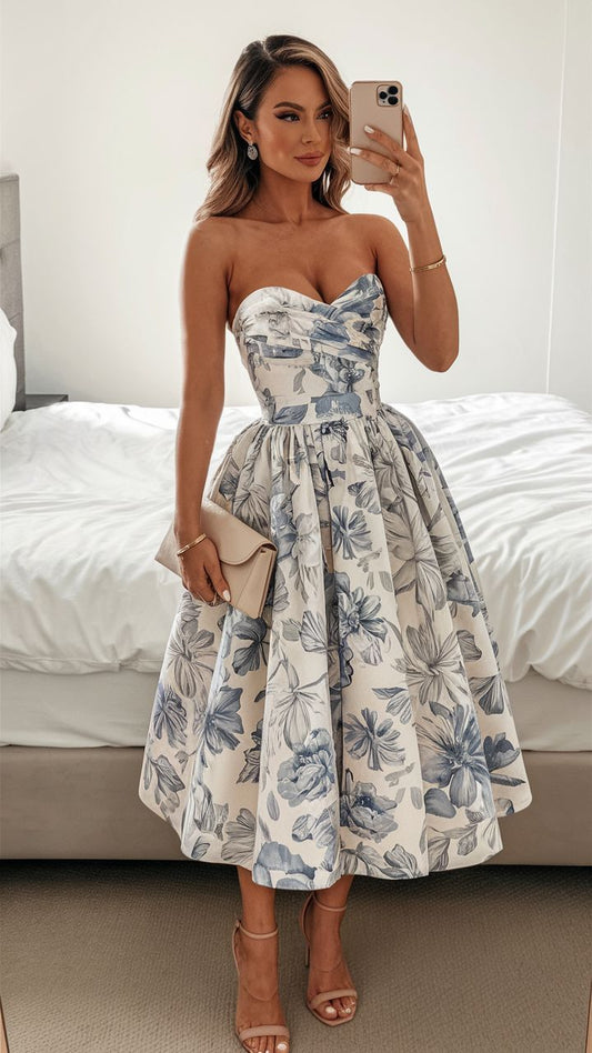 Blue Print Floral A Line Sweetheart Neck Satin Homecoming Dress Wedding Guest Dress SH4422