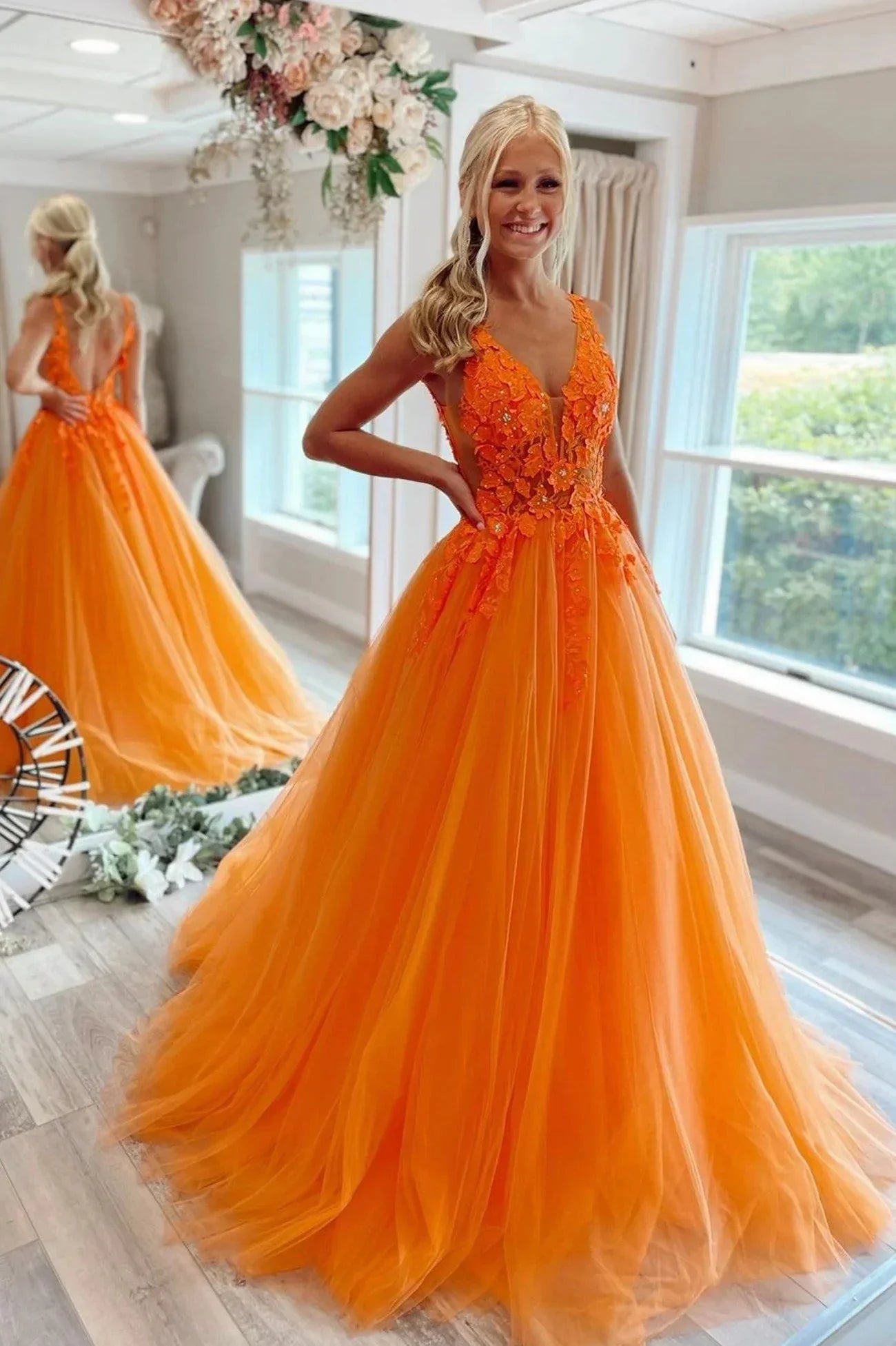 A-Line Tulle Floral Orange Prom Dresses Long Birthday Dress,AST940