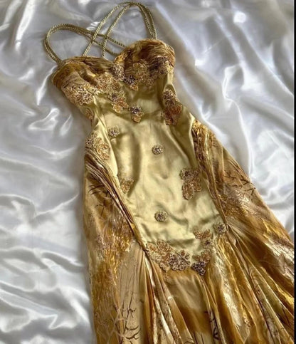 Stunning Gold A Line Spaghetti Straps Satin Chiffon Applique Long Prom Dress,Party Dress,Evening Dress GG3569